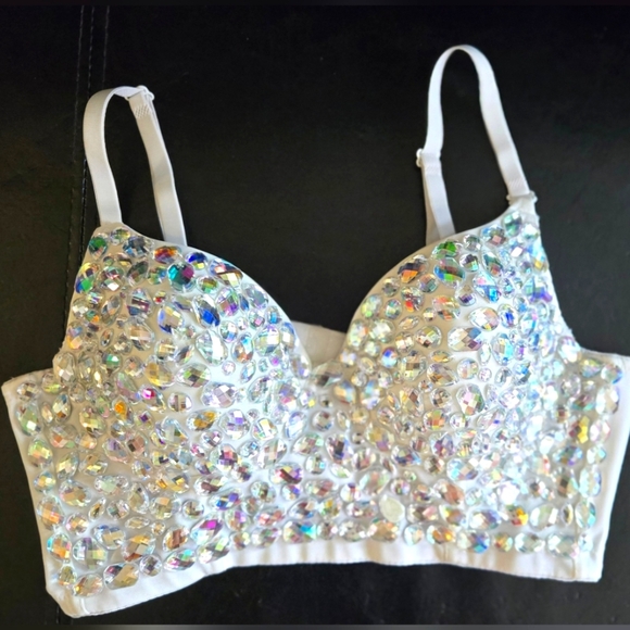 Dressy Hand Sewn Rhinestone Sequin Corset Croptop Adjustable white - Picture 1 of 6